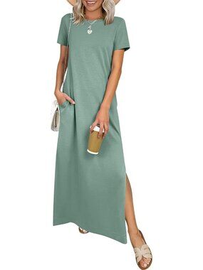 Women's Light Green Crewneck Summer Casual Maxi Short Sleeve Split Long Dress